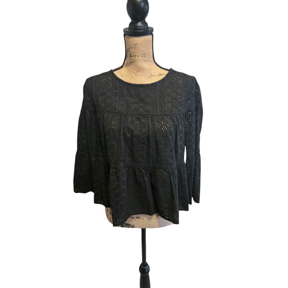 Madewell seersucker black flowy button closure back sweater, size medium